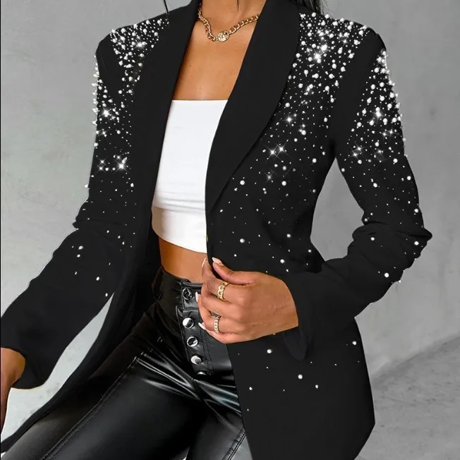 Jacket Women Blazer Notched Lapel Rhinestone Blazers Burgundy Long Sleeve Casual Blazer Cropped Slim Fit Women's Blazer Black