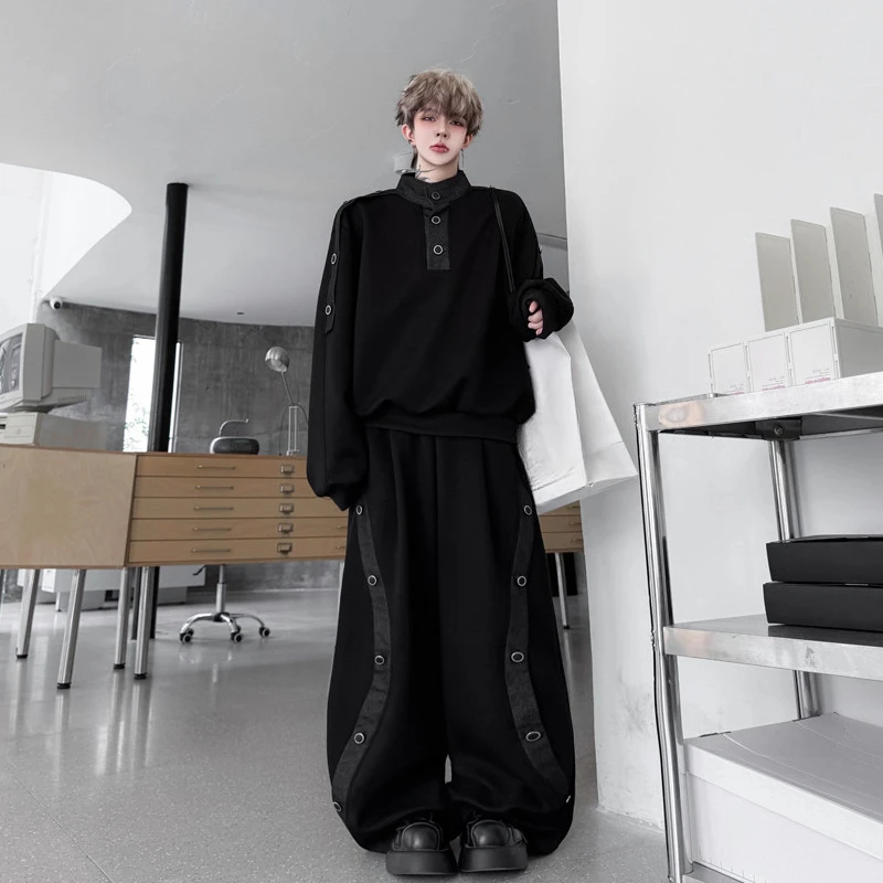 2025 Autumn New Trendy 2pcs Male Stand Collar Splicing Long Sleeve Denim Sweatshirt Sets Men High-end Wide-leg Curved Pants Sets