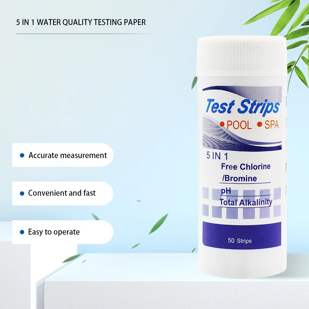 50Pcs Water Tester Paper Accurate 5 In 1 Pool Test Strips Hot Tub Test Strips for Chlorine/Hardness/ Bromine/ Alkalinity/PH