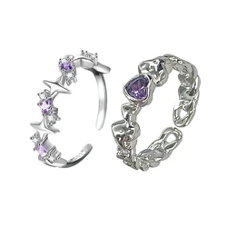 Set of 2 Purple Adjustable Open Rings Engagement Rings Y2K Adjustable Rings Alloy Material Aesthetic Jewelry