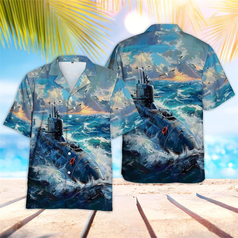 Fashion Submarine Graphic Shirts For Men Clothes Hip Hop Male Beach Shirt Sailor Ship Lapel Blouse Surfing Boat Boy Blouses Tops