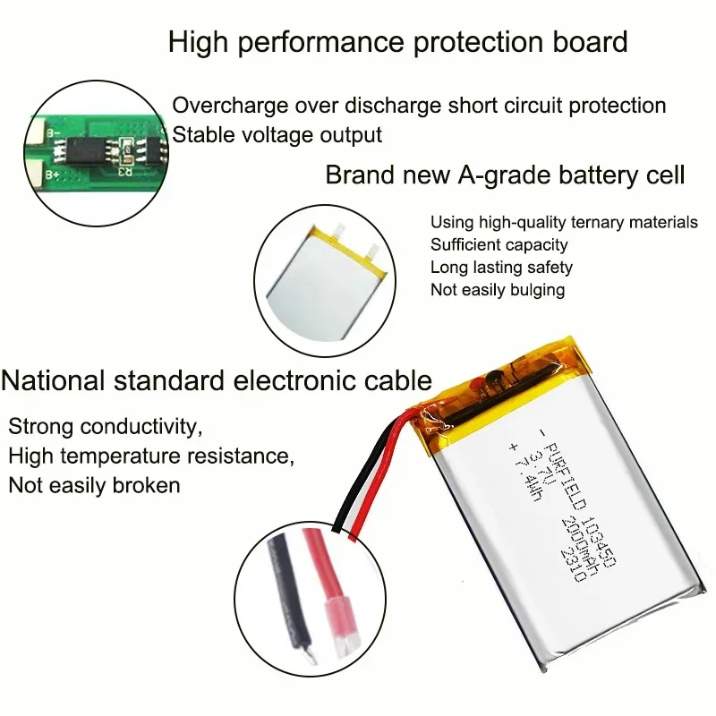 3.7V Polymer Lithium Rechargeable Battery 103450 2000mah for led lights Toys Cameras GPS Bluetooth Speakers PS4