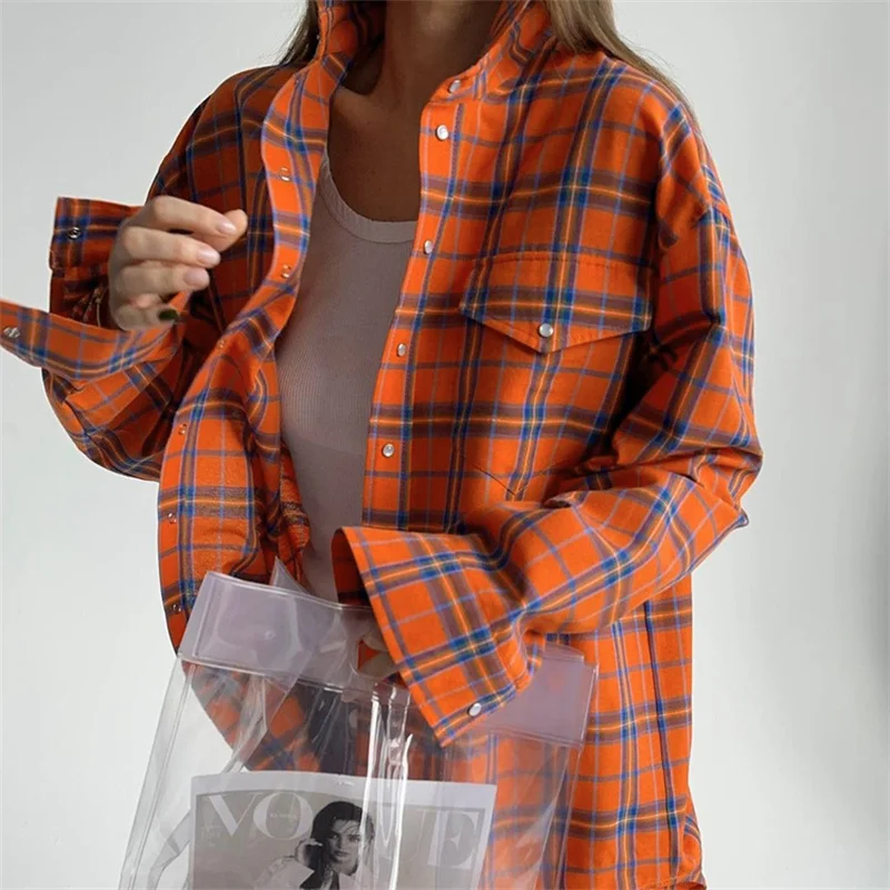 Vintage Plaid Loose Shirt Women Autumn Winter Fashion Casual Lapel Button Pocket Long Sleeve Blouse Tops Korean Oversize Clothes