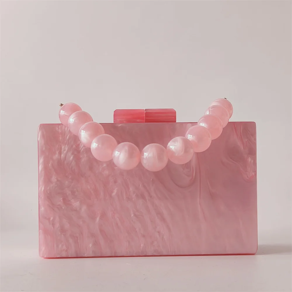 

Acrylic Women Bag Beaded Chain Shoulder Purse Female Box Handbag Luxury Designer Pro Marble Pink Flap Evening Lady Clutch Bag