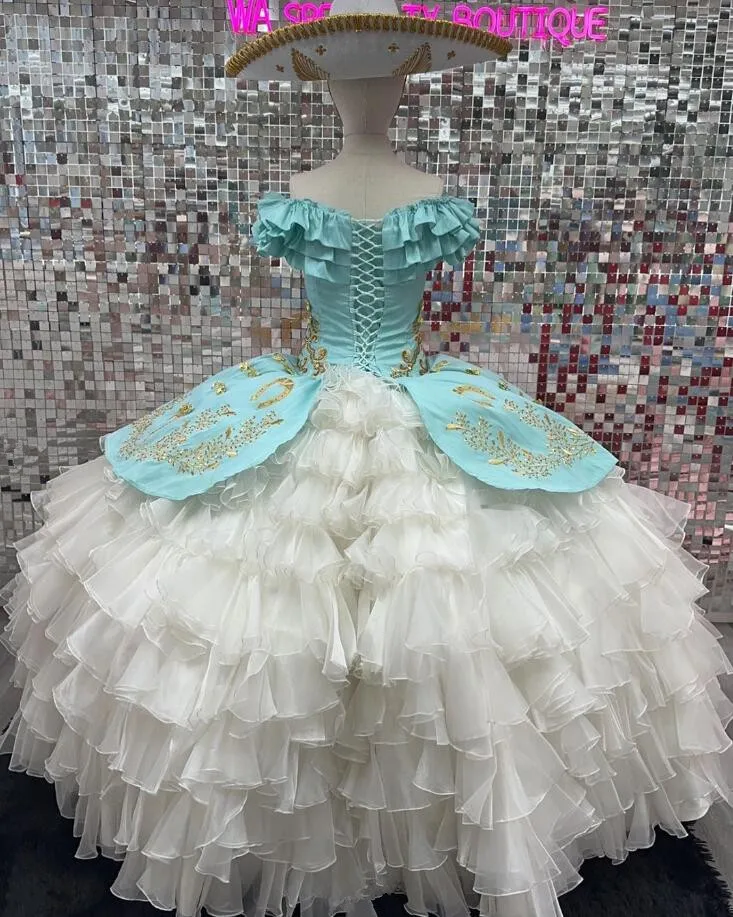 Biało-niebieskie sukienki Charro Queen Quinceanera gorset haftowany koń Corsot falbany xv vestidos quinceañera słodkie 15