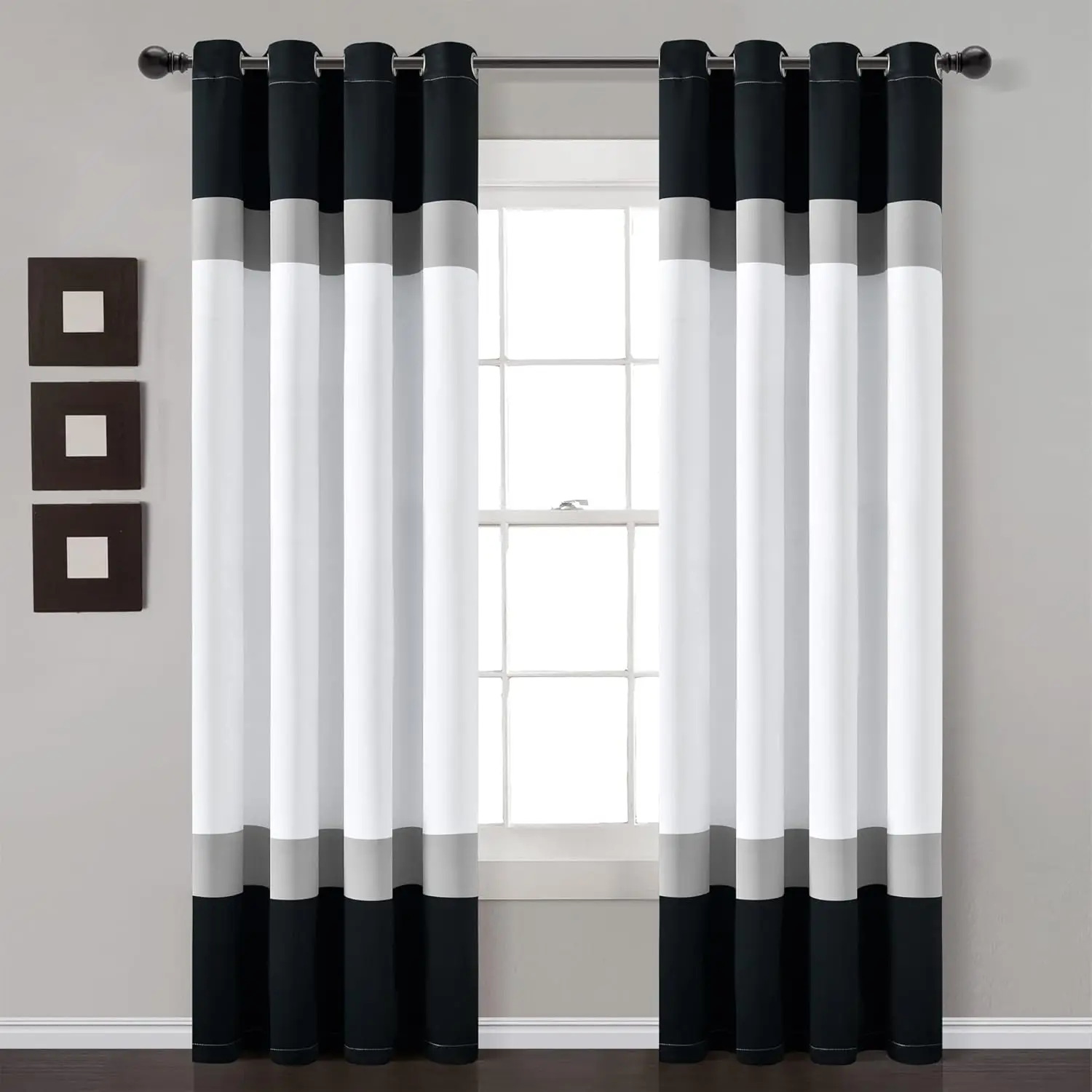 

Color Block Light Filtering Window Curtain Panel Pair, 52"W x 84"L, Black & Gray