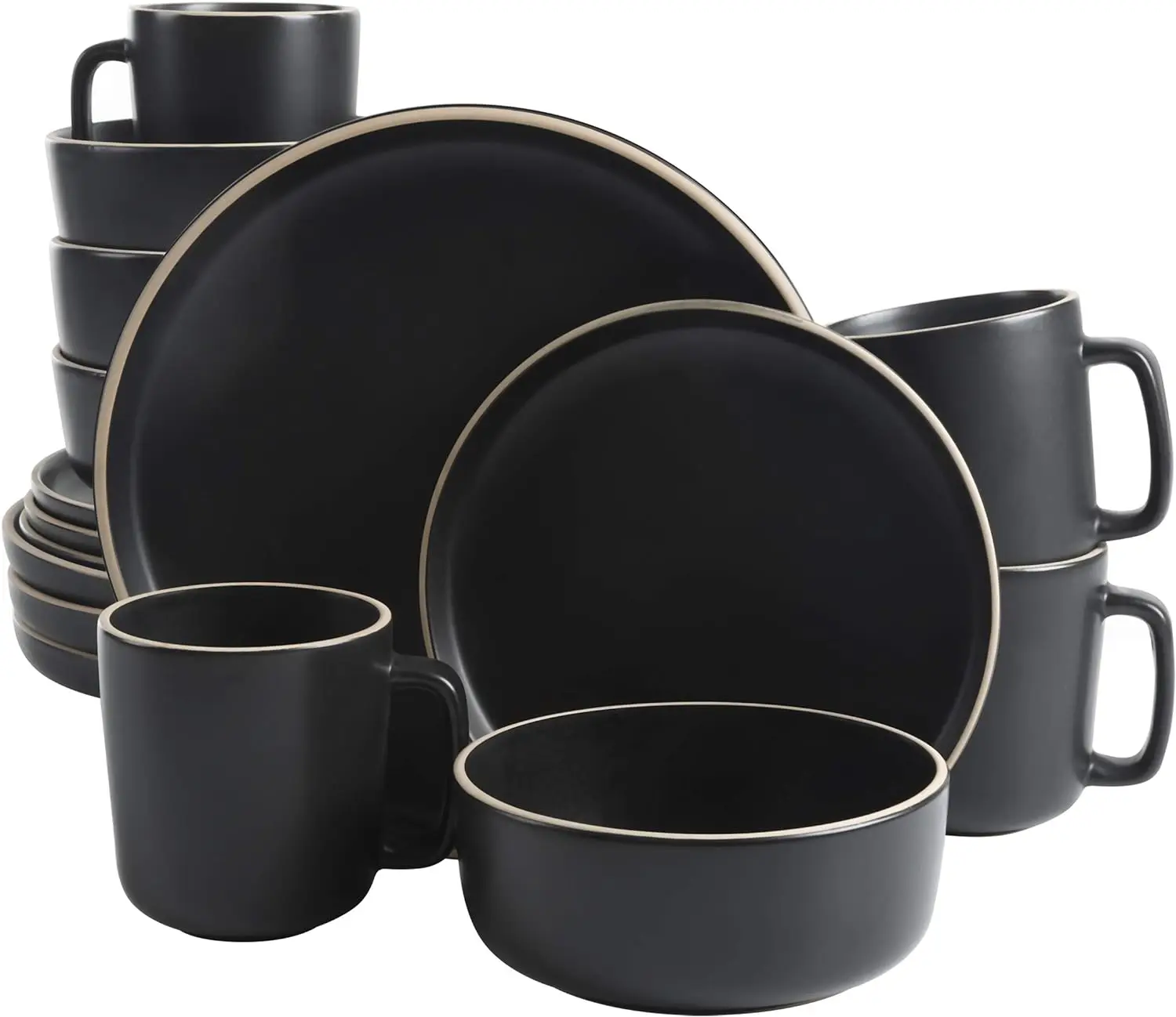 

Gibson Home Zuma 16 Piece Round Kitchen Dinnerware Set, Dishes, Plates, Bowls, Mugs, Service for 4, Matte Stoneware, Black