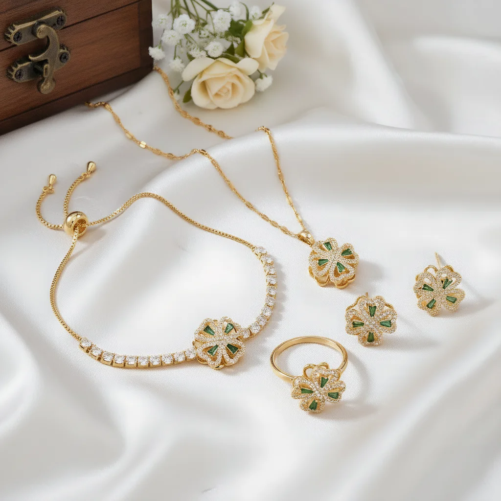 5pcs Trendy Elegant Jewelry Set for Women Rotating Four Leaf Flower Necklace Classic Metal Choker Daily Casual Wear Earrings