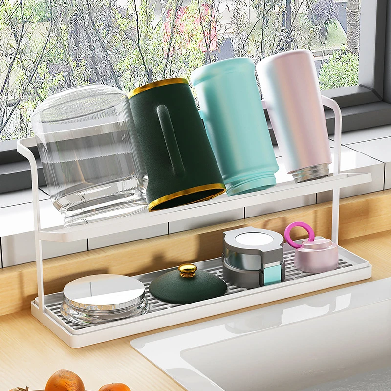 Bottle Drain Rack Kettle Holder Kitchen Glass Cup Stand Drying Shelf White Shelves With Tray Household Storage Organizer