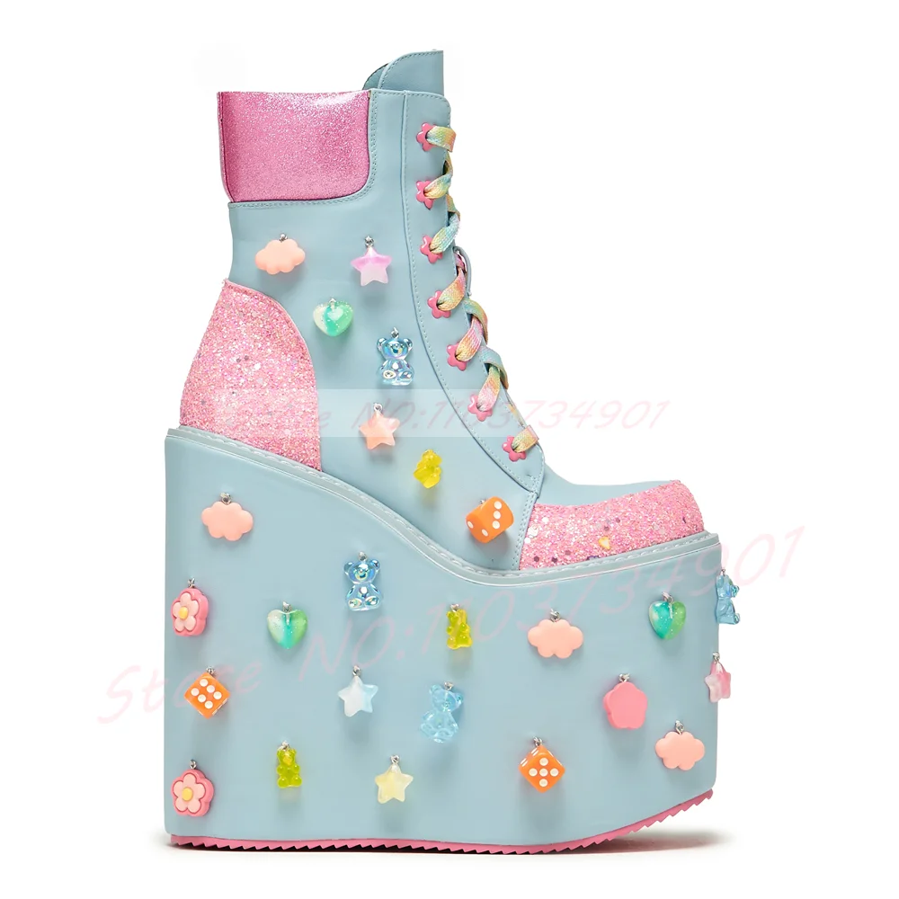 Candy Star Charms Wedge Boots Women Pink Glitter Platform High Heel Lace Up Ankle Boots Lolita Goth Kawaii Party Footwear