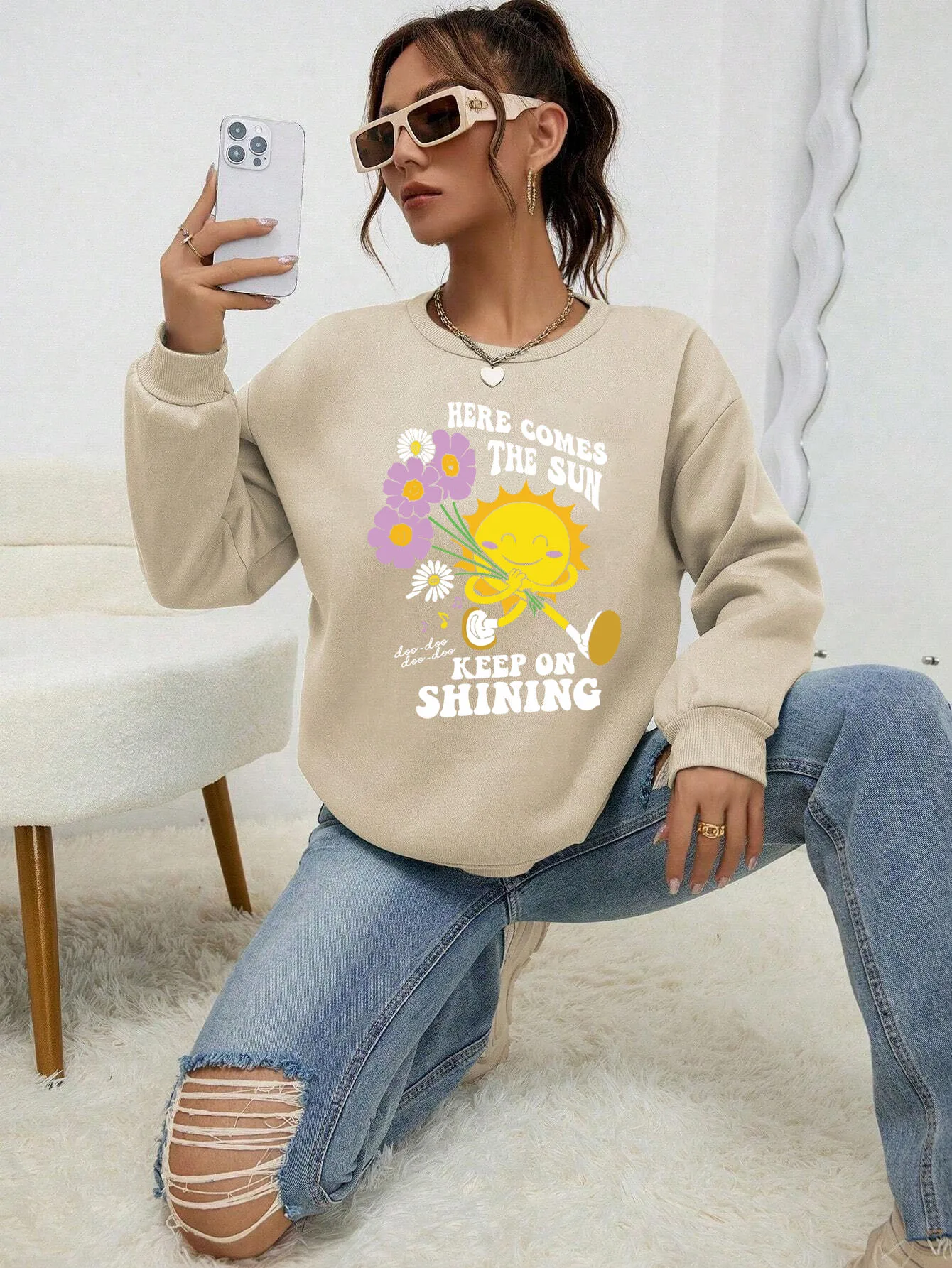 Sunflower Happy Face Art Slogan Printed Female Hoody Street Fleece Sweatshirt Hipster Hip Hop Hoodies Autumn Casual Clothing