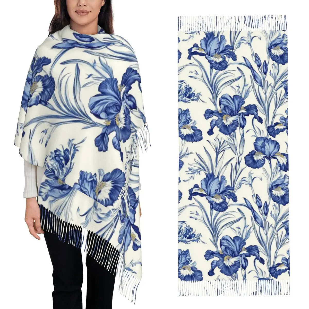 

Элегантный шарф с французскими цветами ириса, шарфы с кисточками для женщин, мягкие теплые шали и накидки, большая осенне-зимняя шаль