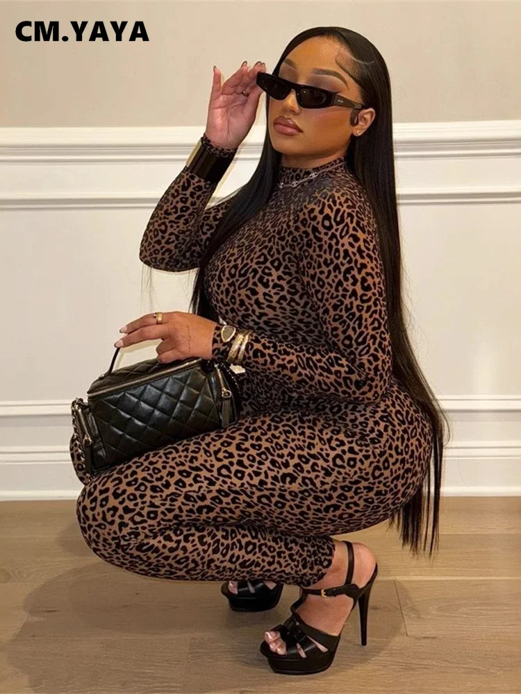 CM.YAYA Active Leopard Print O-neck Bodycon Jumpsuit Women 2025 Spring Sexy Night Club Party One Piece Overall Rompers Outfits