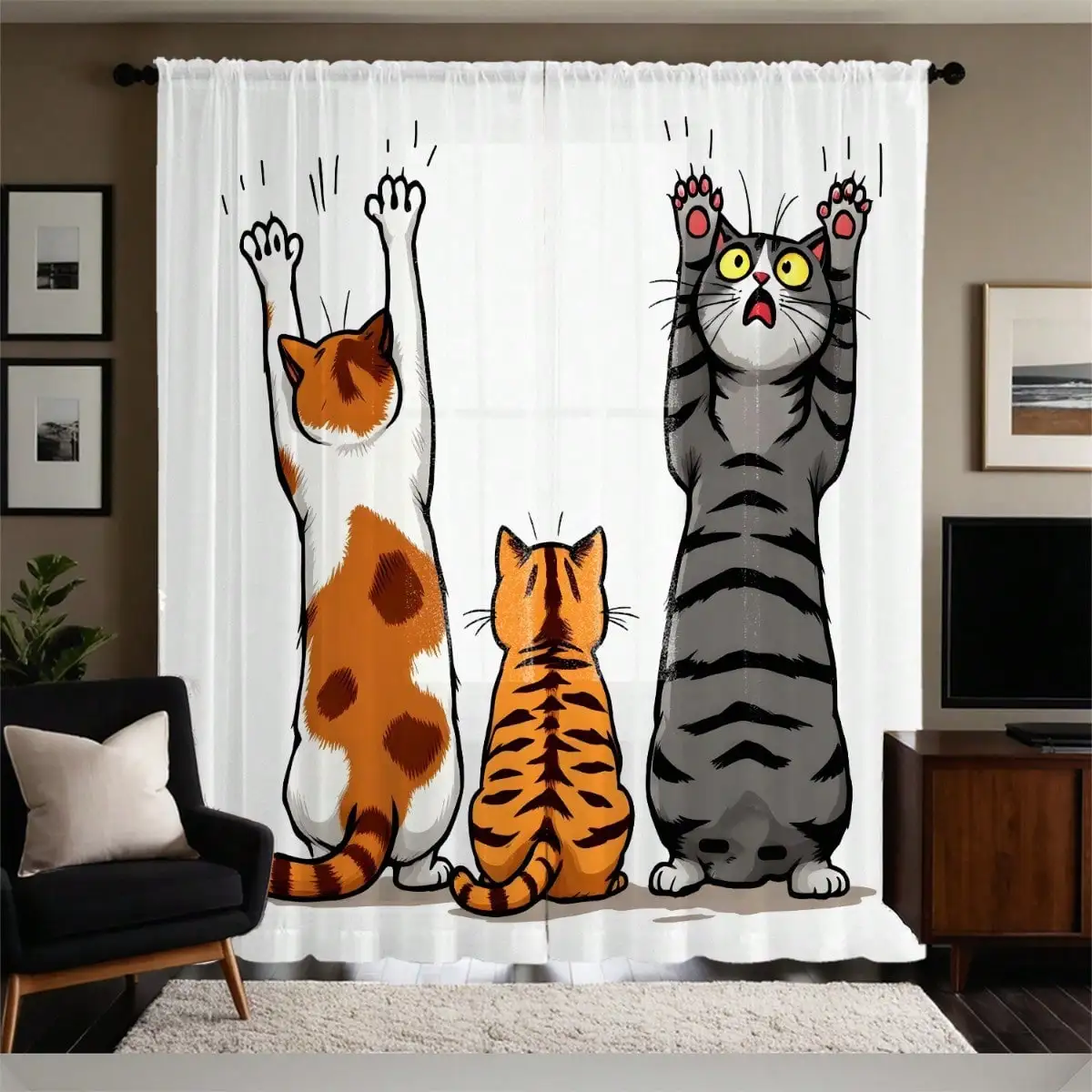 2pcs High-Definition Digital Print Sheer Curtains - Orange And White Cat Design, Polyester, Machine Washable, Rod Pocket Style