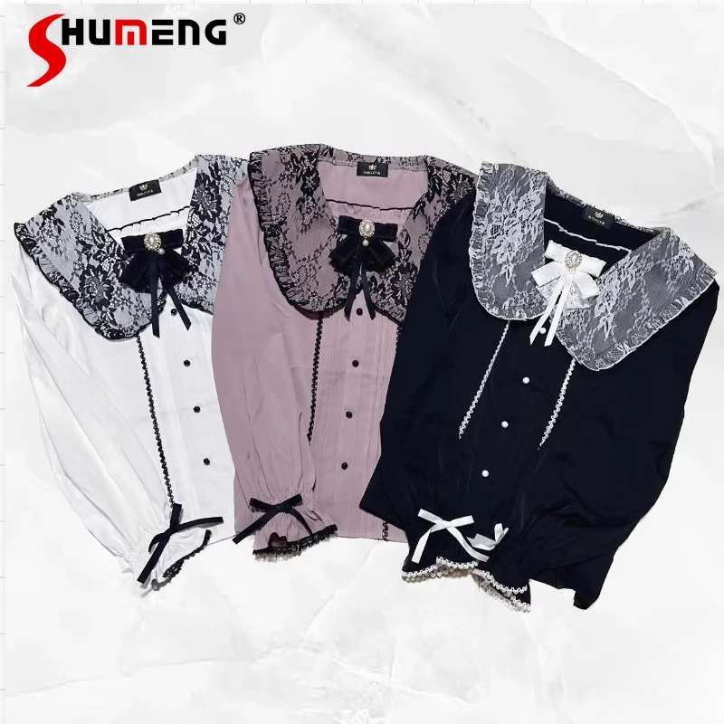 

Rojita Lace Collar Bow Brooch Sweet Cute All-Match Mine Mass-Produced Shirt Long Sleeve Slim Single-Breasted Top Blouse Autumn