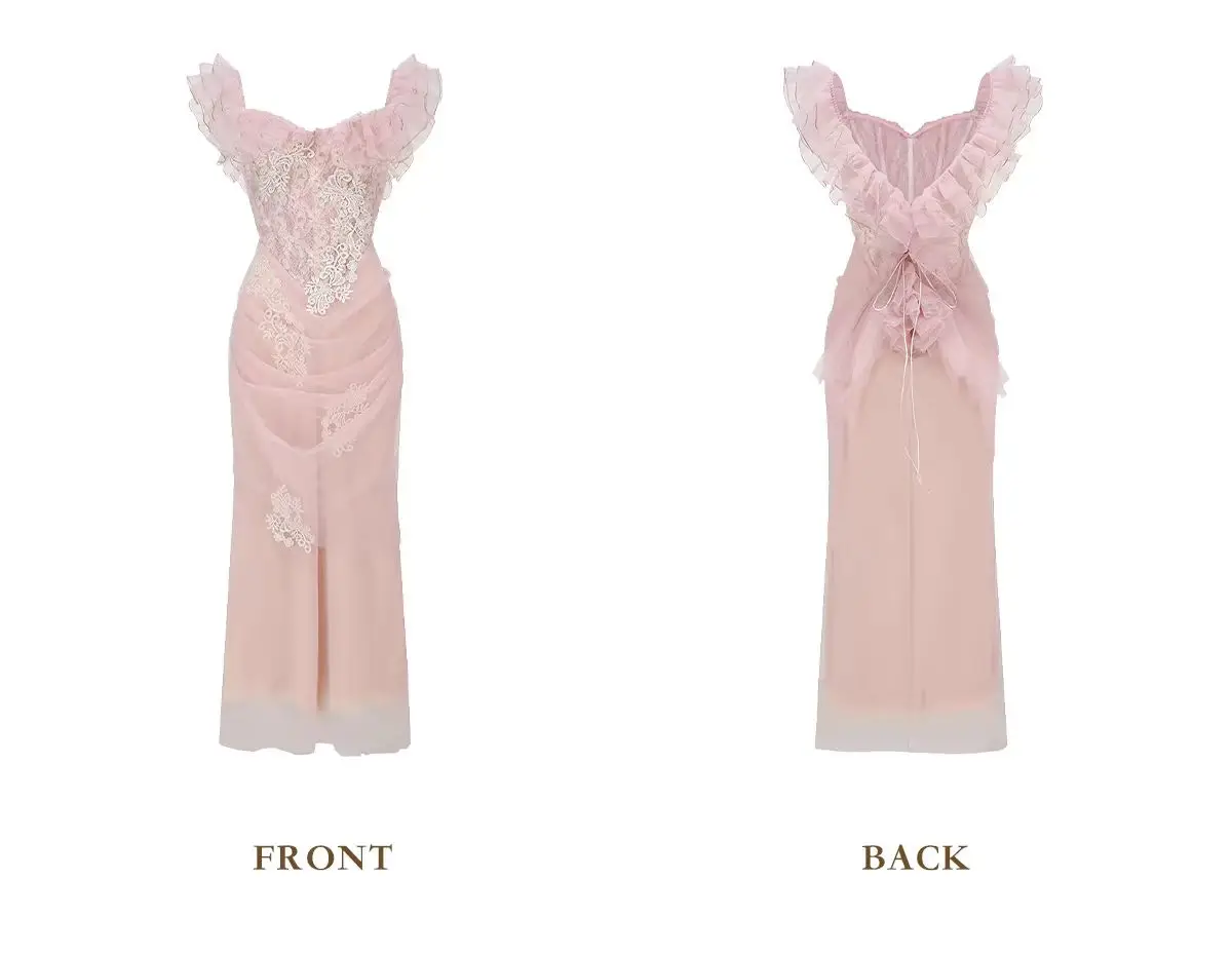 2024 New Vintage Luxury Spring Autumn Embroidery Flower Dress Elegant Women Off Shoulder Layers Ruffles Pink Holiday Long Dress