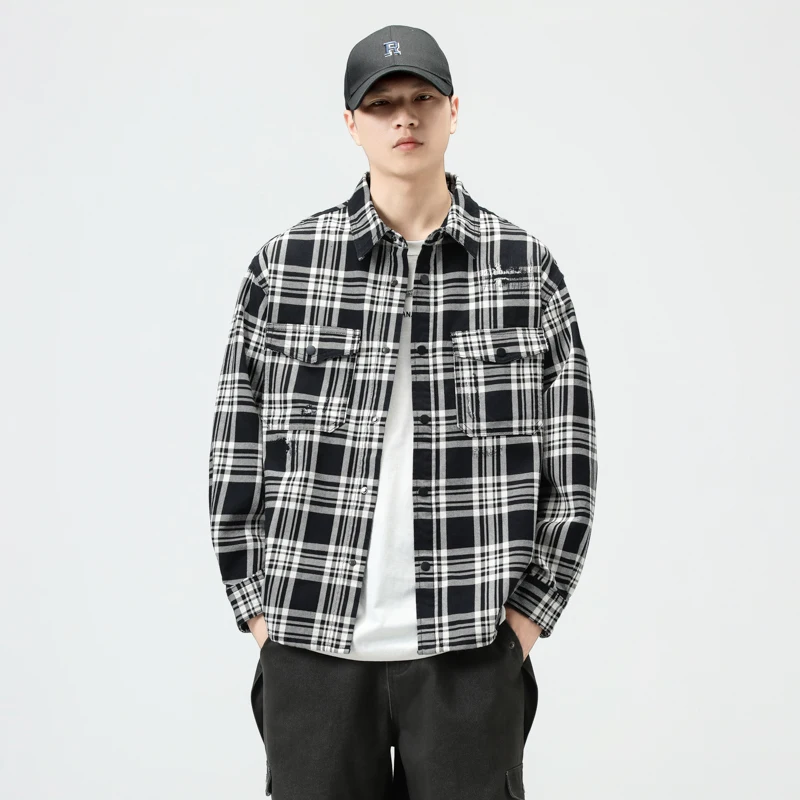 

American High-End Plaid irt Men's Loose Vintage Workwear Long Sve Outerwear Bla White Autumn Winter Trendy Brand