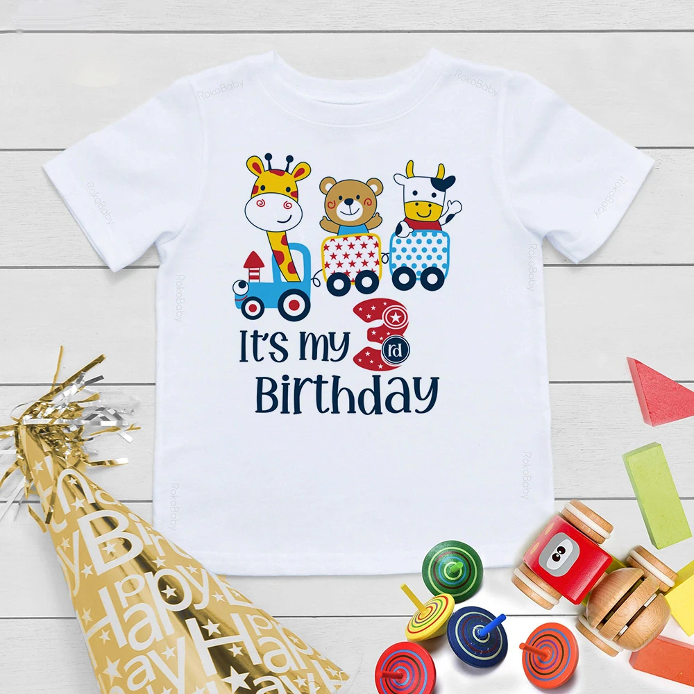 Birthday Kids Tshirt Giraffe Bear Cow Train Print Toddler Shirt Boys Girls Cute Clothes Child Short Sleeve Tee Kid Birthday Gift