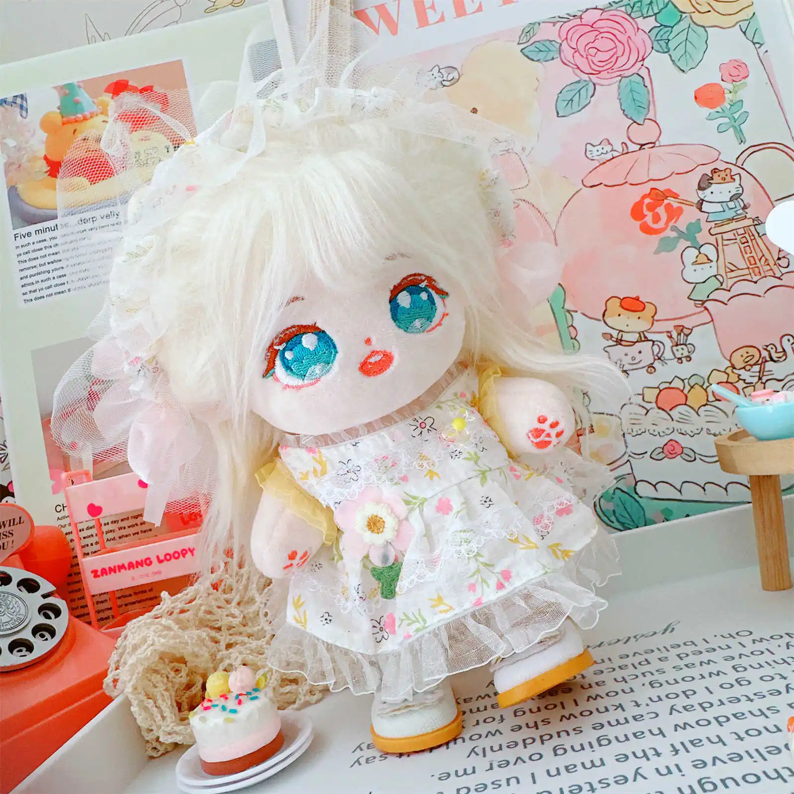 

20 см кавайное платье с цветочным принтом, комплект из 2 предметов, белые туфли принцессы, плюшевая одежда с идолом, аксессуары, игрушки для девочек, коллекция фанатов, подарки