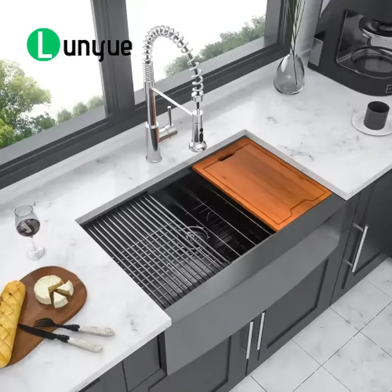 Heavy Duty 30x22 Inch Farmhouse Kitchen Sink 304 Stainless Steel Single Bowl with Drainboard Large Deep Basin for Home