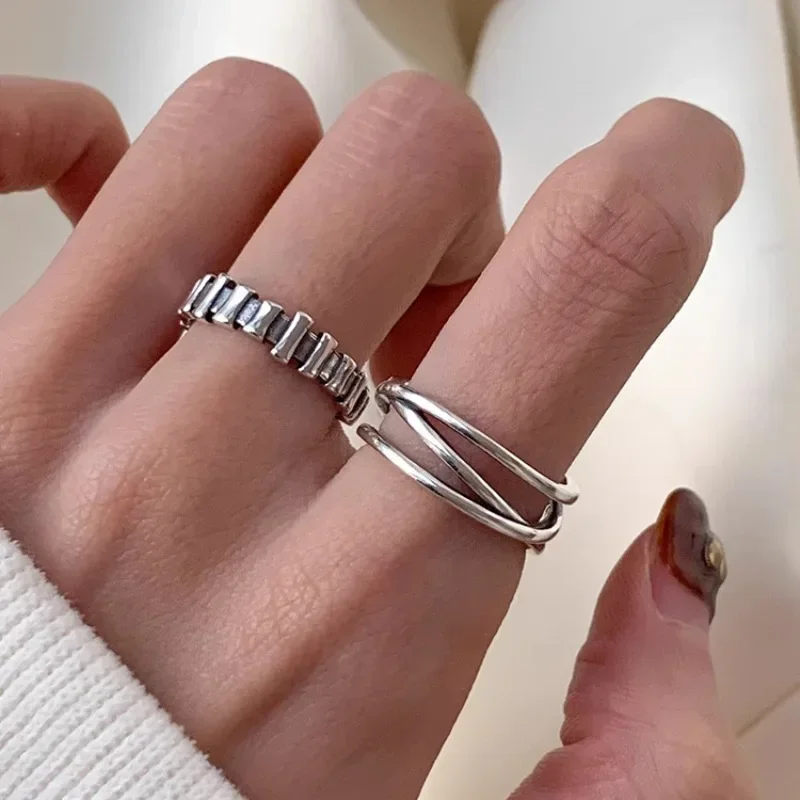 925 Sterling Silver Minimalist Geometric Line Crossing Stripe Opening Adjustable Rings for Women Fine Jewelry Cute Accessories