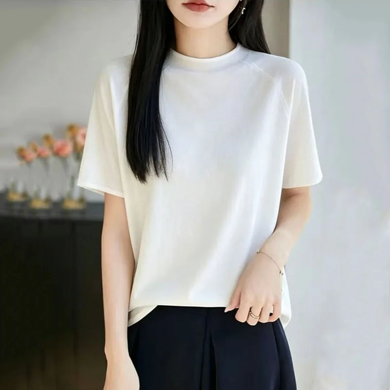 Summer Ice Silk Cool Feeling Solid Color Shoulder Insert Short Sleeve T-Shirt Women's Loose Fit Versatile Slimming Top