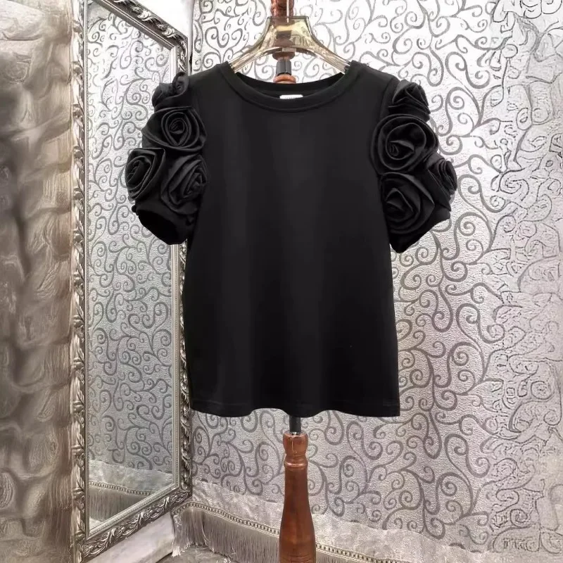 OCEANLOVE wiosna lato T Shirt damski 3D kwiaty Ins moda Vintage Ropa De Mujer eleganckie proste słodkie solidne koszulki