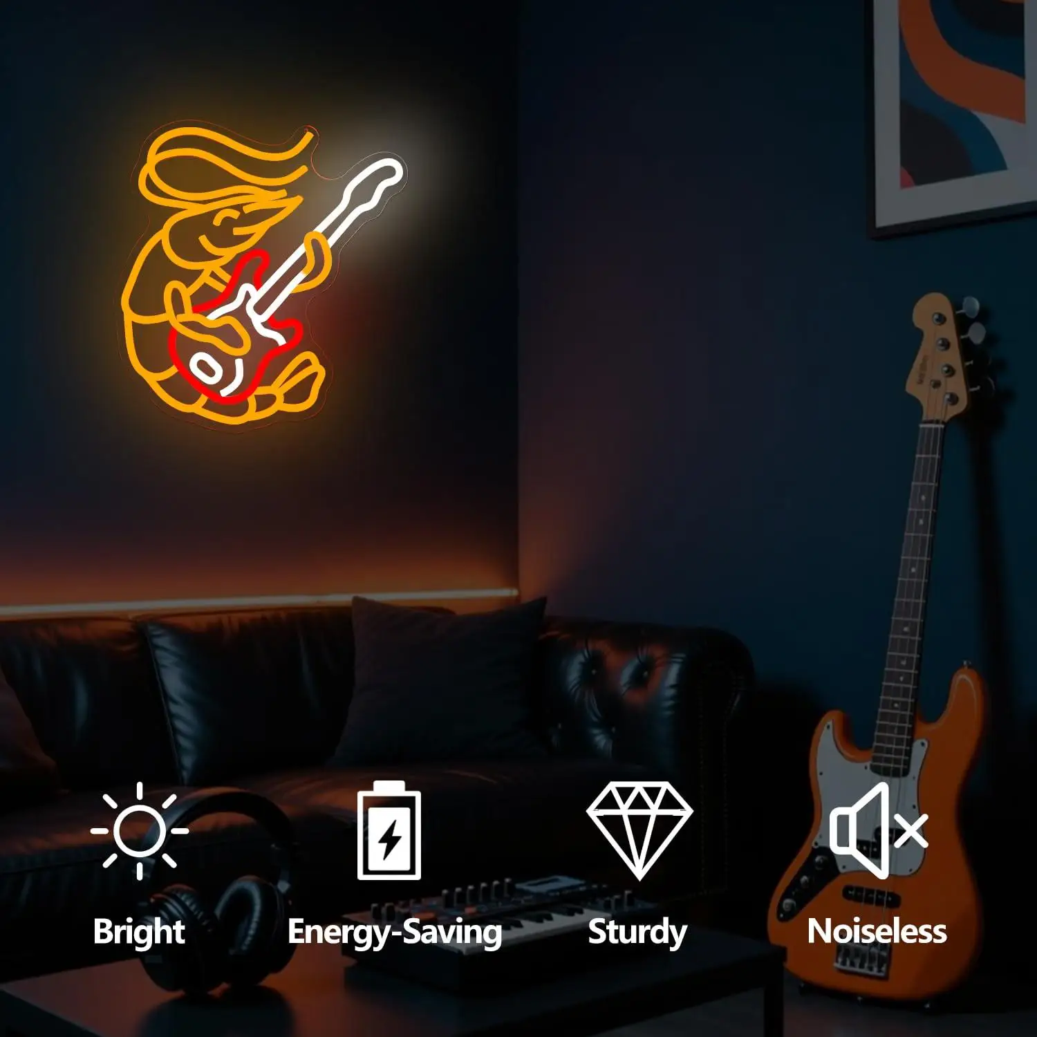 Shrimp Playing Guitar Neon Sign LED Light Up Sign for Seafood Restaurant Bar Music Room Kitchen Wall Decor Birthday Party Gifts