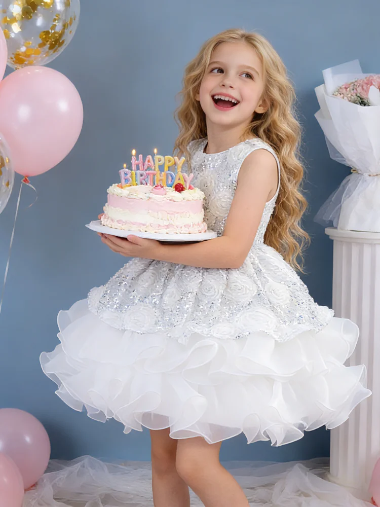 

2026 Summer New Girls' Sequin 3D Rose Tulle Dress Ruffle Tiered Tutu Flower Girl Wedding Birthday Party Gown Kids Costume 2-12Y