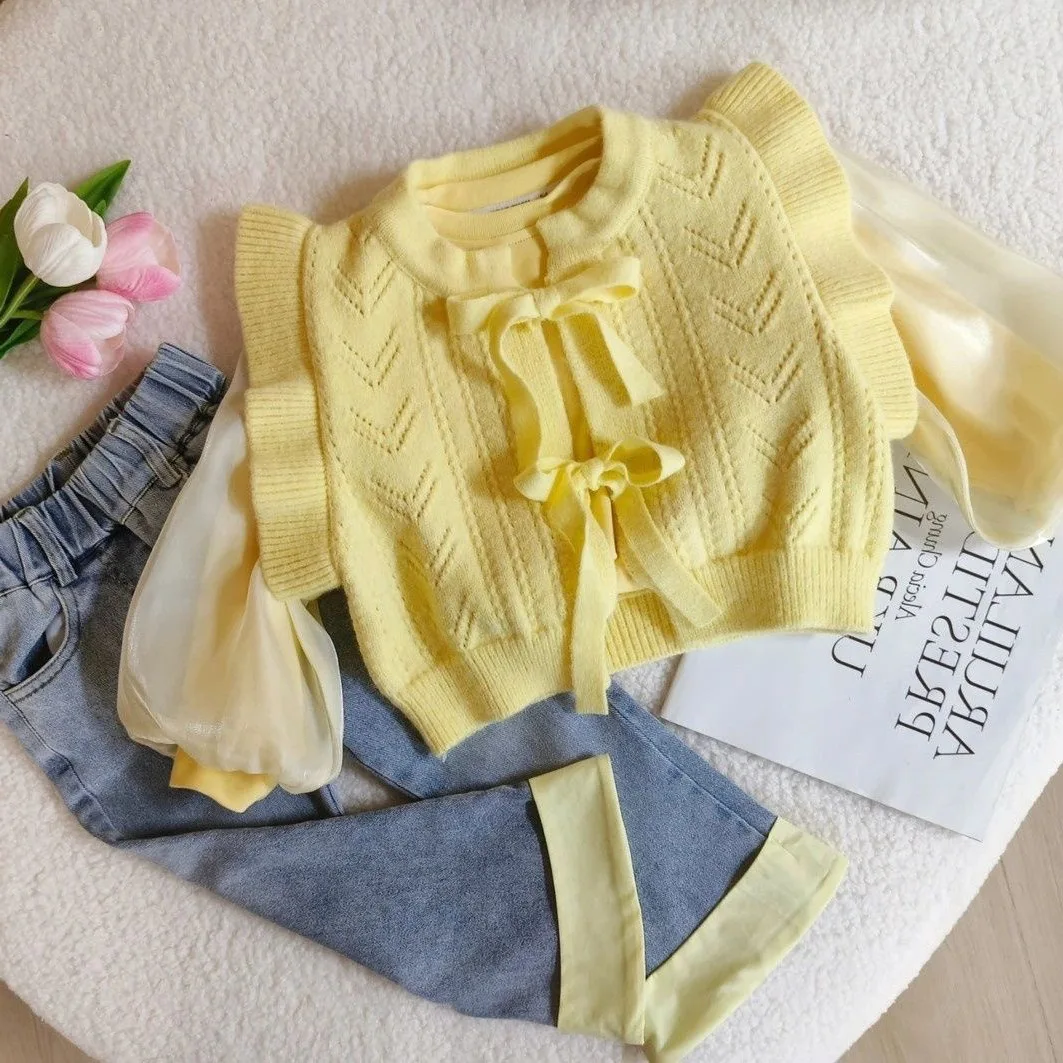 Autumn Baby Girl 2PCS Clothes Set Cotton Tulle Bubble Sleeve Undershirt Sweater Vest Cadiagn Suit Spliced Kid Girl Jeans Outfits