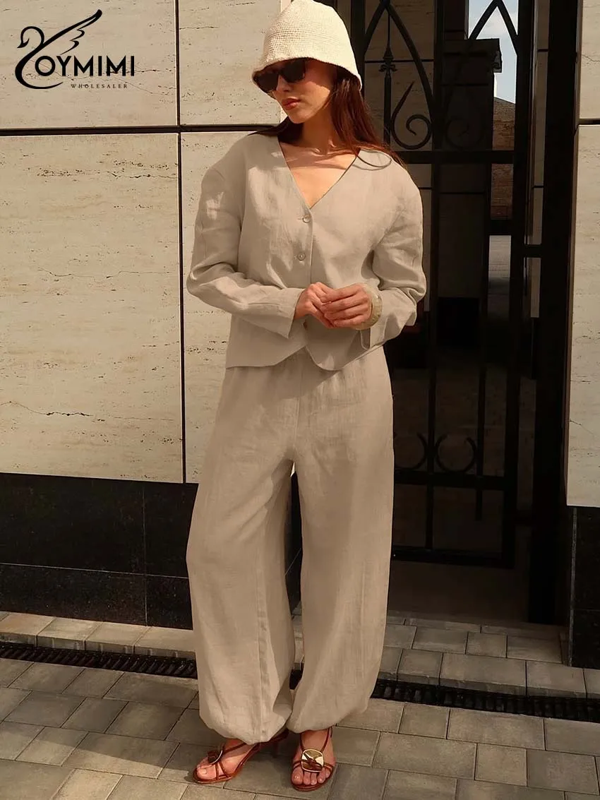 

Oymimi Fashion Khaki Cotton 2 Pieces Set For Woman Casual V-Neck Long Sleeve Single Breasted Shirts And Straight Trousers Sets