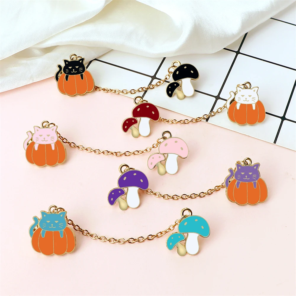 Cute Halloween Enamel Pins Cartoon Mushroom Brooch with Chain Funny Cat lying on Pumpkin Badge Backpack Lapel Jewelry Kids Gifts