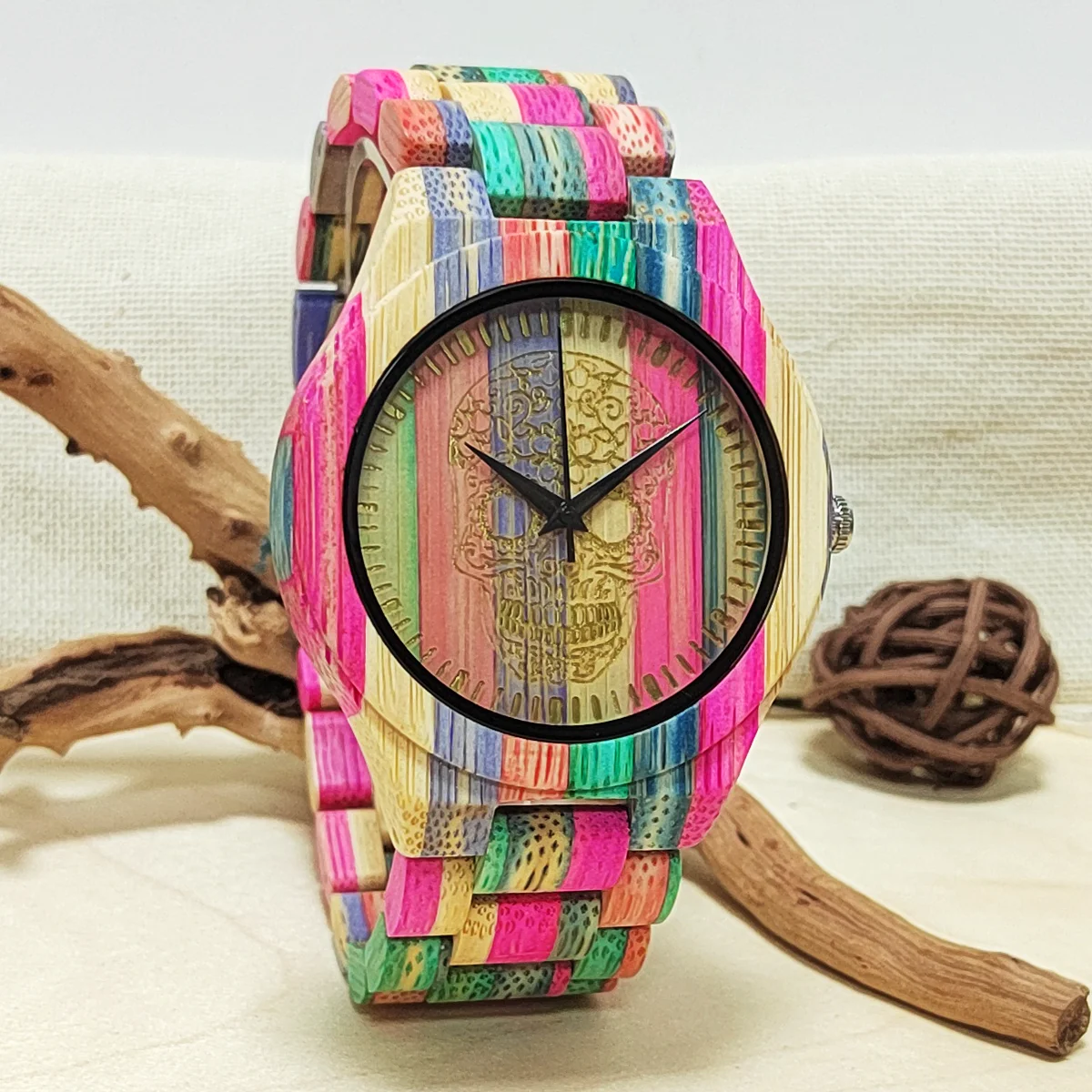 Men\'s Unique Personalized Wrist Watch Vintage Stylish Colorful Bamboo Wood Quartz Wristwatch for Men  Full Wooden Strap Watches