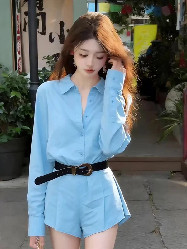 

Unique Design Blue Shirt Jumpsuit Fashionable Slimming Youthful Casual Style Women's Natural Waist Spring Summer