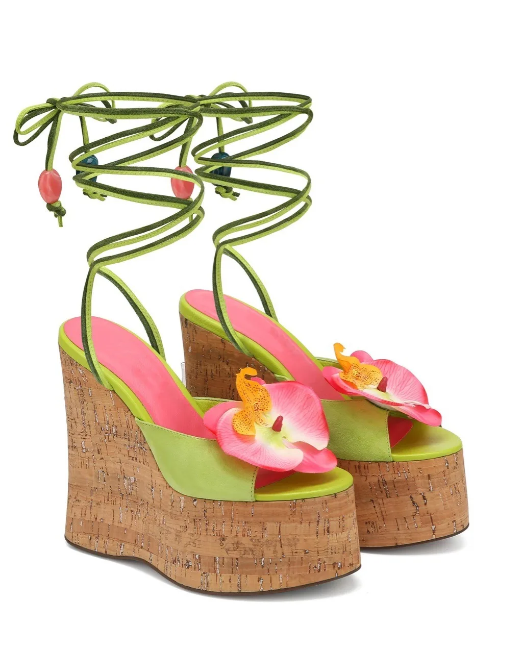 2026Summer Slope Heel Thick Bottom Women's Sandals Flower Lace Waterproof Platform Open Toe Women's Party Show Wedding Sandals