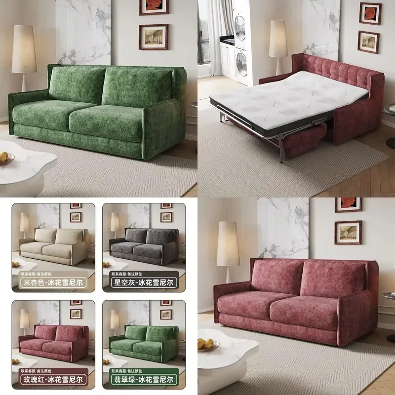 High back fabric sofa bed with built-in mattress, metal frame, foldable and rotatable