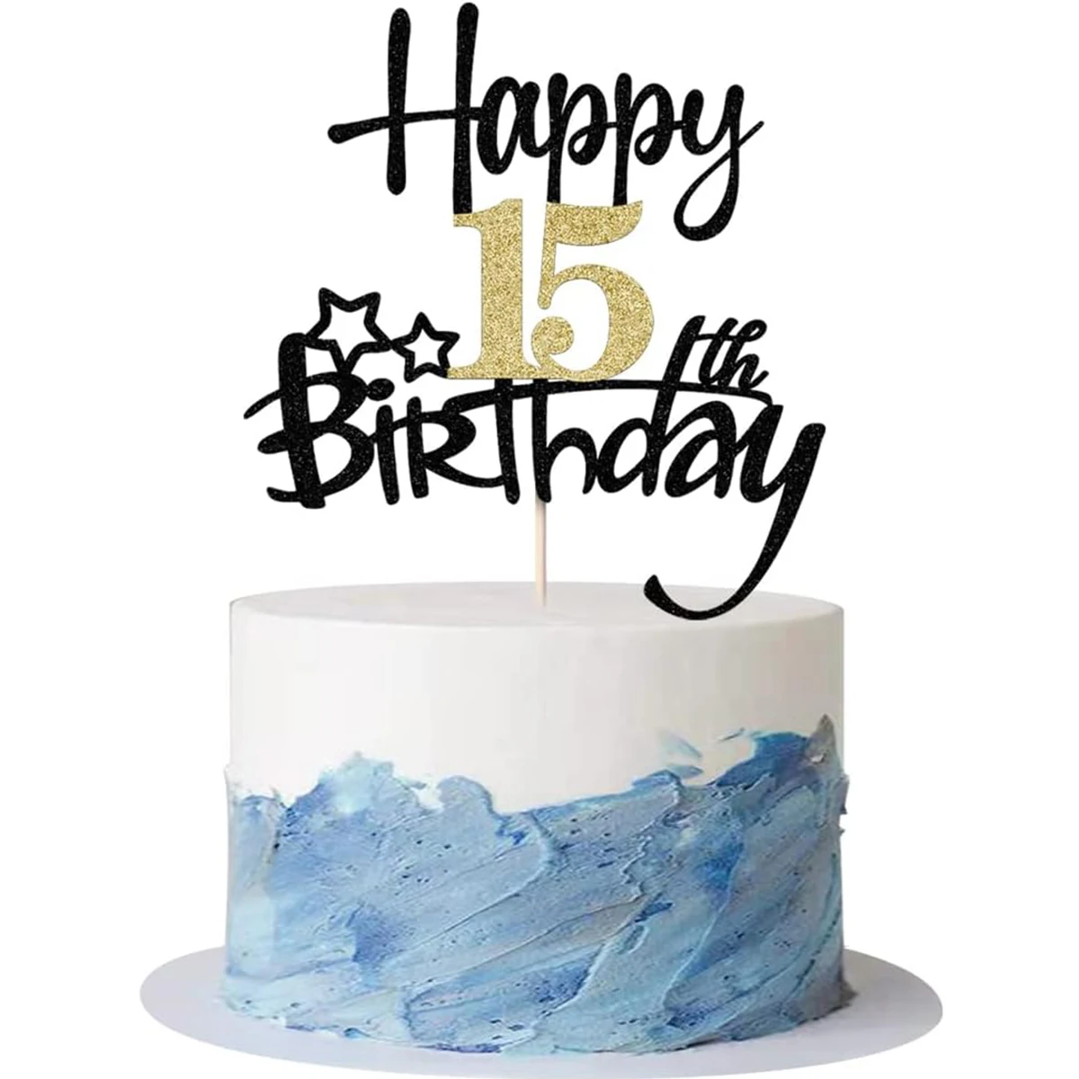 قطعتان من كعكة عيد الميلاد Happy15th باللون الذهبي والأسود لتزيين كعكة عيد الميلاد لمستلزمات زينة حفلات الذكرى السنوية