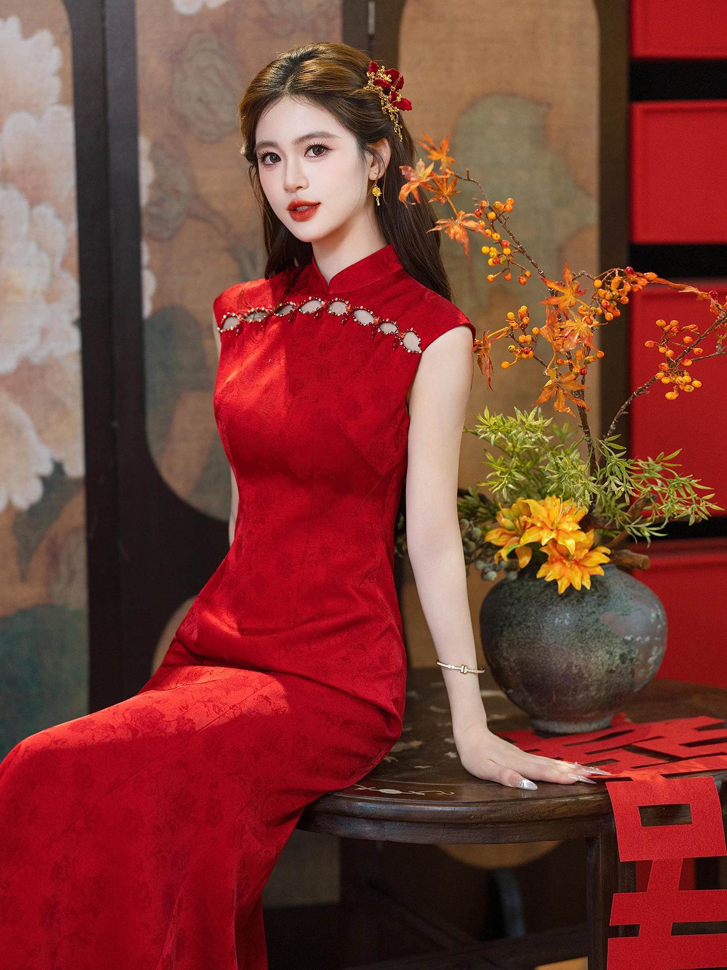 

Red Wedding Dress Engagement Ceremony Chinese Style New Bride Gown Sensation Fish Tail Daily Wear Women's Improved
