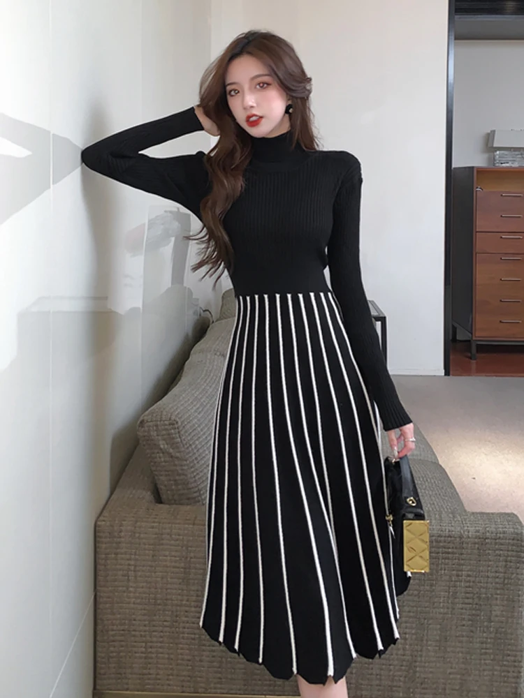 2022 New Autumn Winter High Collar Thickening Women Long Dress Bottoming Sweater Skirt Fashion Striped Pleated Knitted Dresses