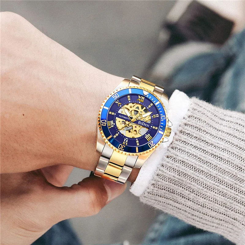 BIDEN Brand Skeleton Blue Golden Automatic Waterproof Stainless Steel Band Luminous Hand Roman Numerals Mechanical Wrist Watch