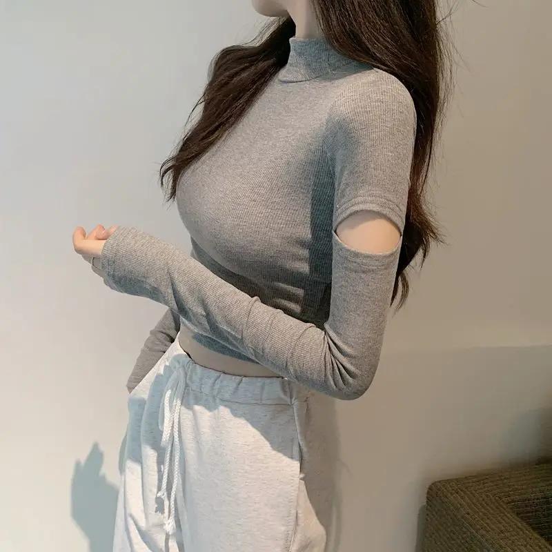 Top Female Turtleneck Cotton Spring Autumn Women\'s Long Sleeve T-shirt Plain Sexy Crop Clothing Korean Fashion Outfits One Size