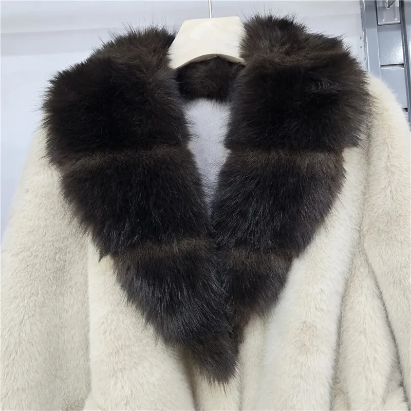 DEAT 2026 Winter Trend Style V-neck Single Breasted Faux Fur Coat With Belt For Women Contrast Color Thick Jackets 29A9574