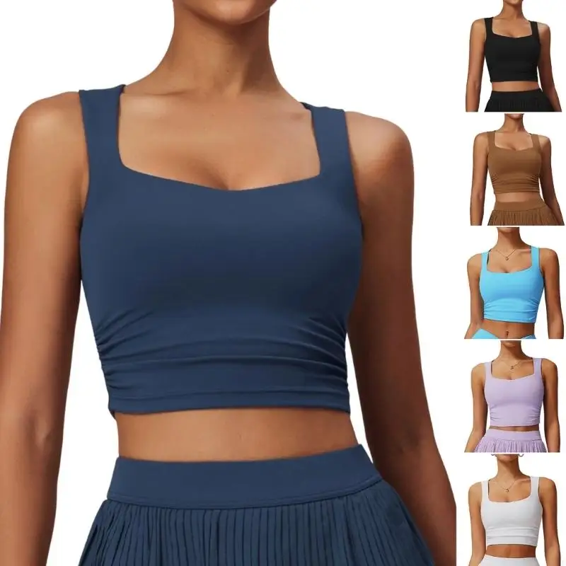 Longline Sports Bras for Women Square Neck Workout Tops with Built in Bra