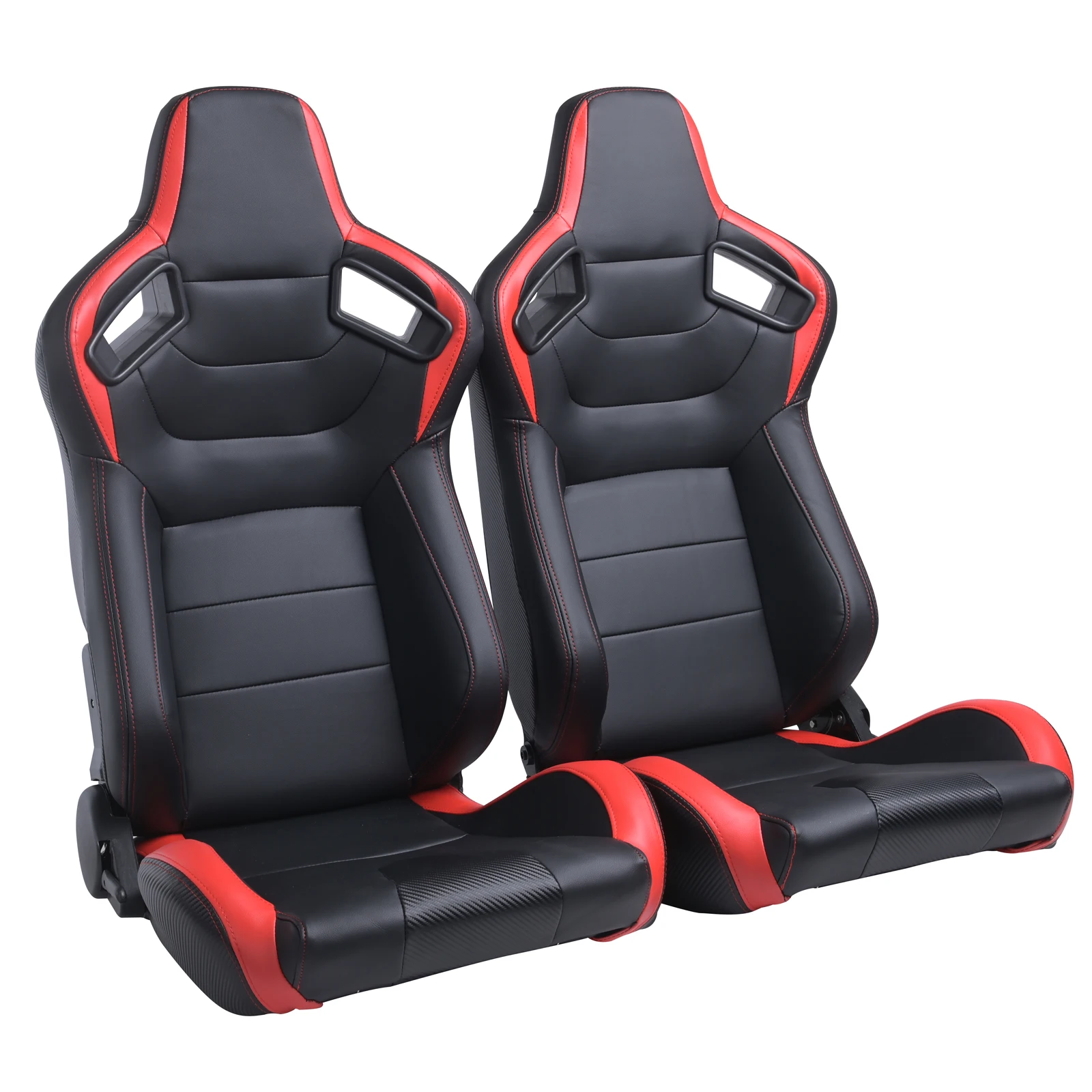 

1Pair Universal Black PVC Leather Red Trim Stitch Carbon Look Leather Back Reclinable With Double Lock Slider Racing Bucket Seat