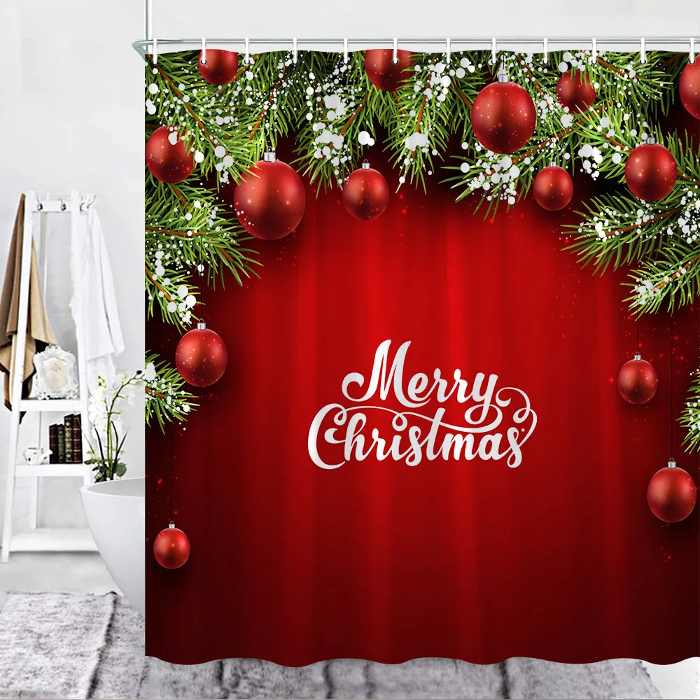 Christmas Shower Curtain, Xmas Shining Red Balls Snow Pine Branch Merry Christmas Polyester Fabric Washable Bath Curtain Hooks