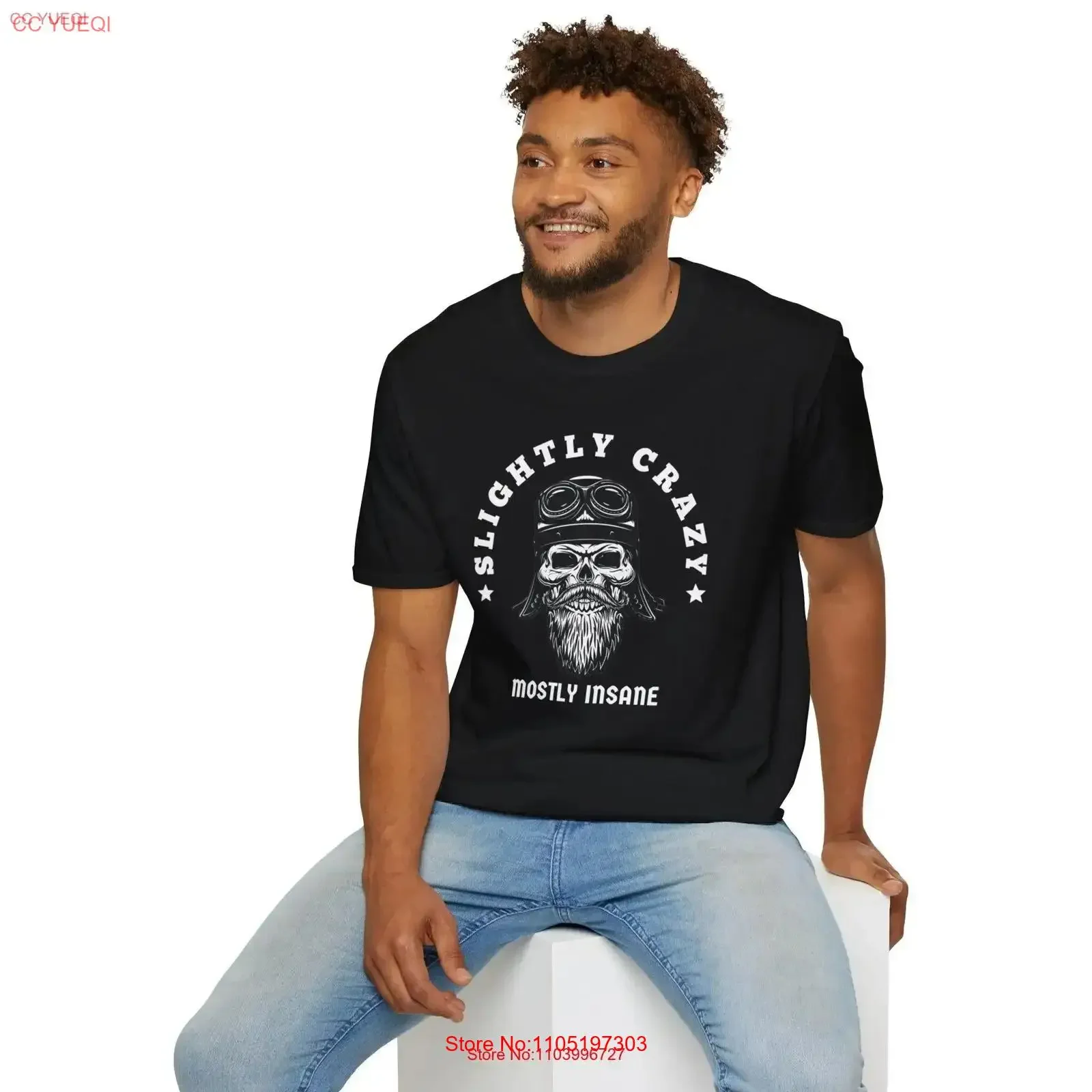 

Slightly Crazy Mostly Insane Bearded Skull Softstyle T Shirt Biker for Men Beard Art Motorcycle vintage Washed designer clothes