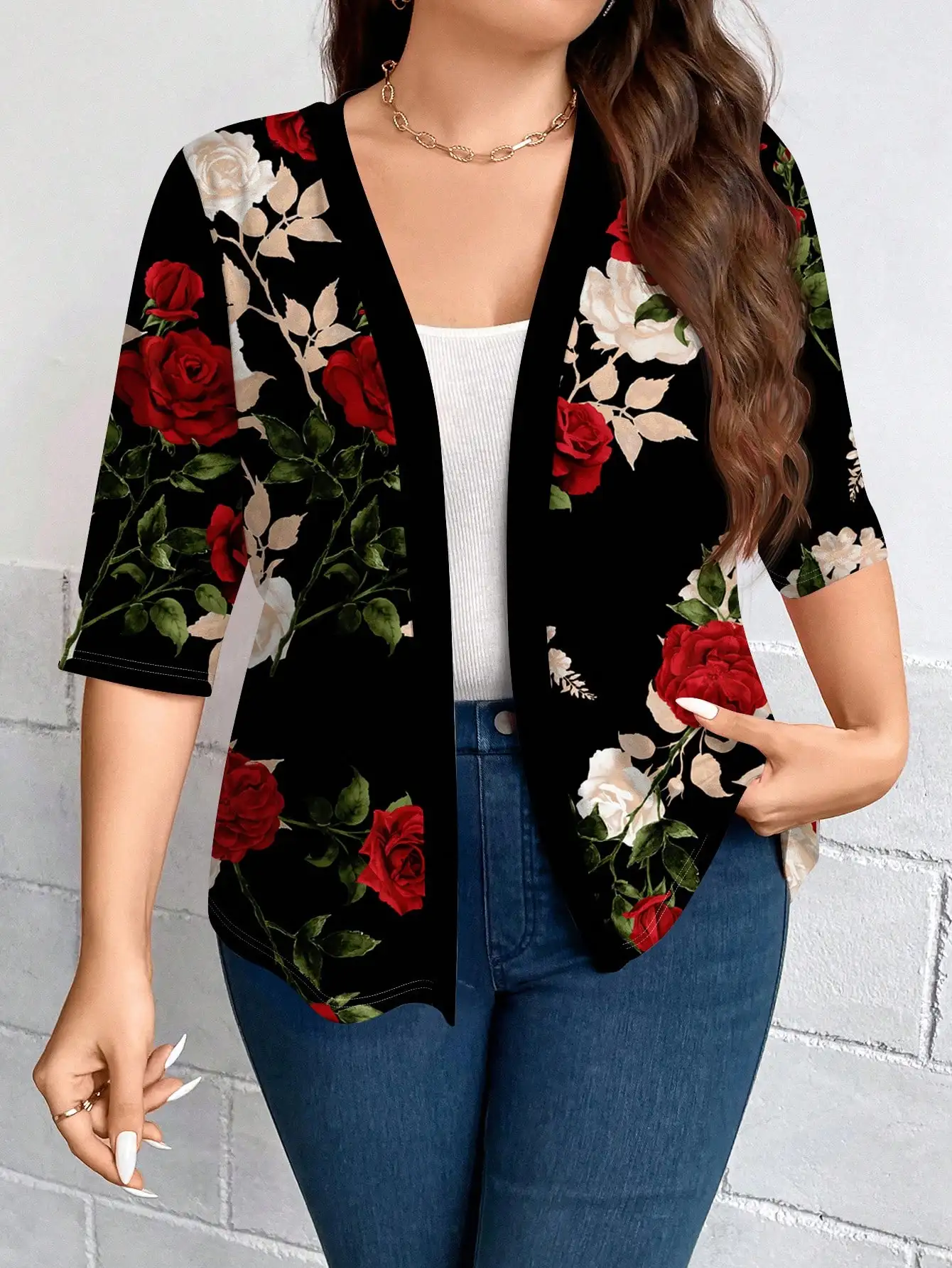 

Легкий тонкий кардиган-жакет EMERY ROSE больших размеров с цветочным принтом роз, рукавом 3/4, для осени и зимы