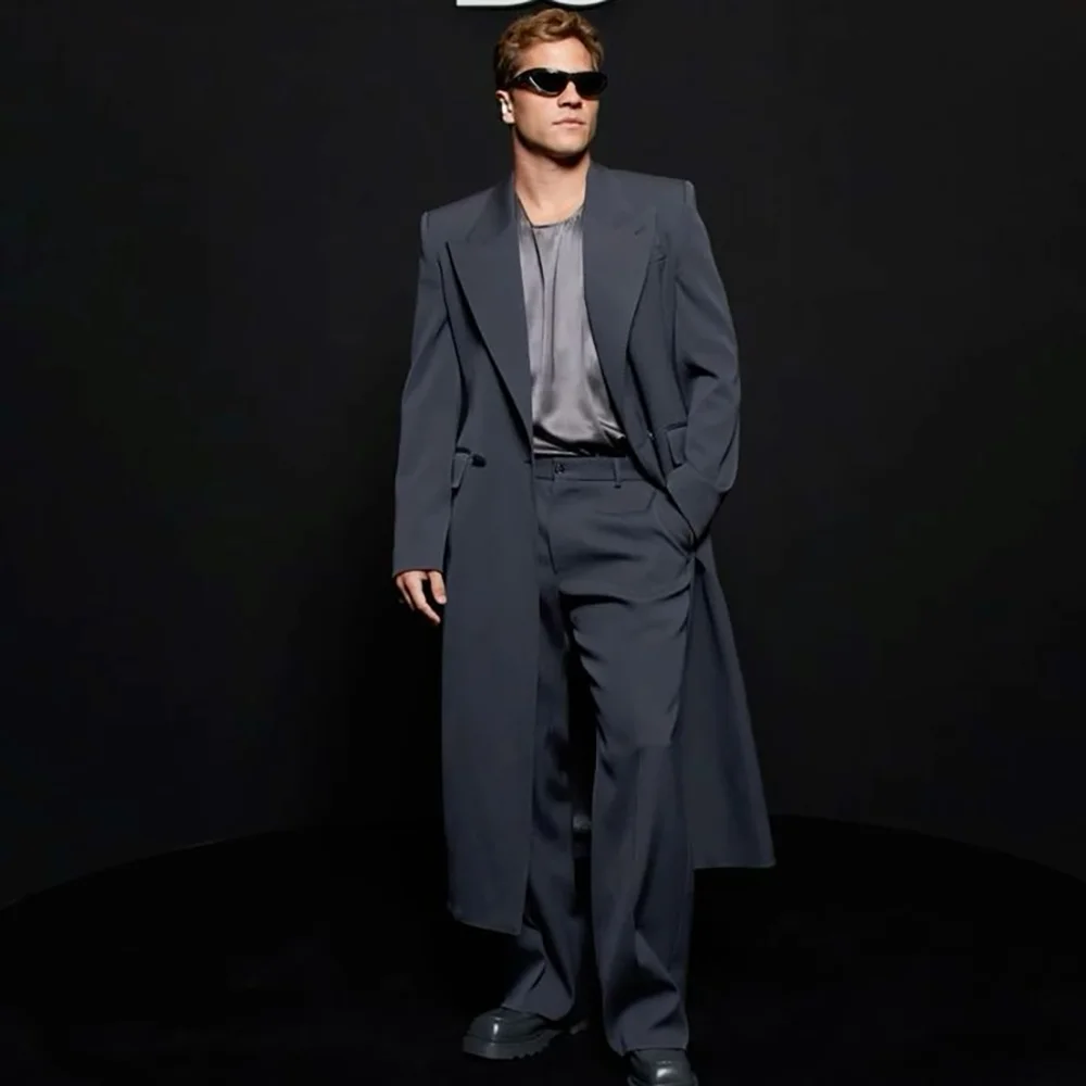 Dark Grey Long Blazer Men Suit Two Pieces(Jacket+Pants) Outfits Chic Casual Party Prom Wedding Set