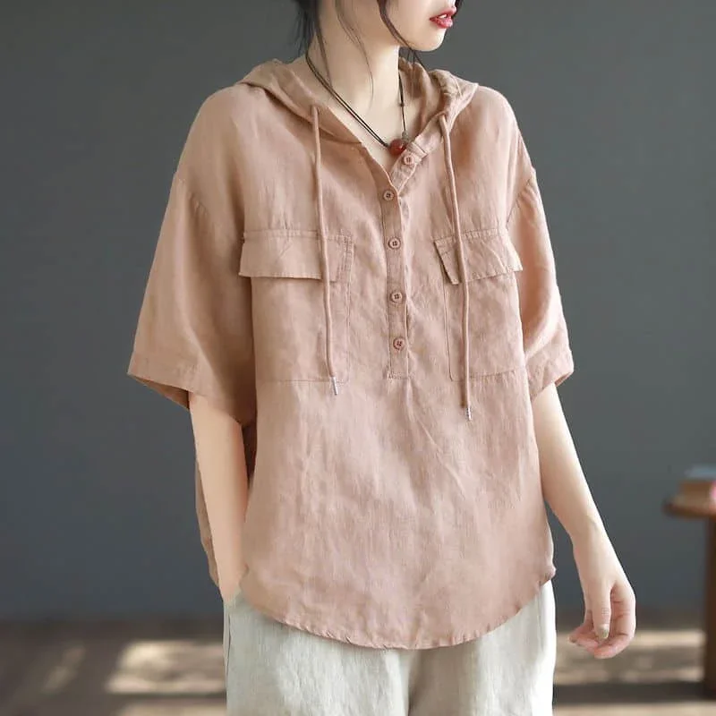 Linen Shirts for Women Vintage Half Sleeve Hooded Shirts Loose Casual Cardigans Korean Fashion Lace-up Retro Blouse Women Tops