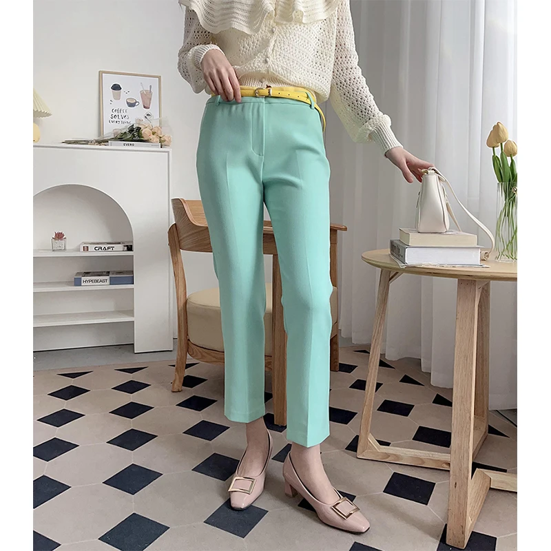 

Женские брюки Slim Fit мятного цвета с поясом, длинные, облегающие, модные повседневные брюки-леггинсы